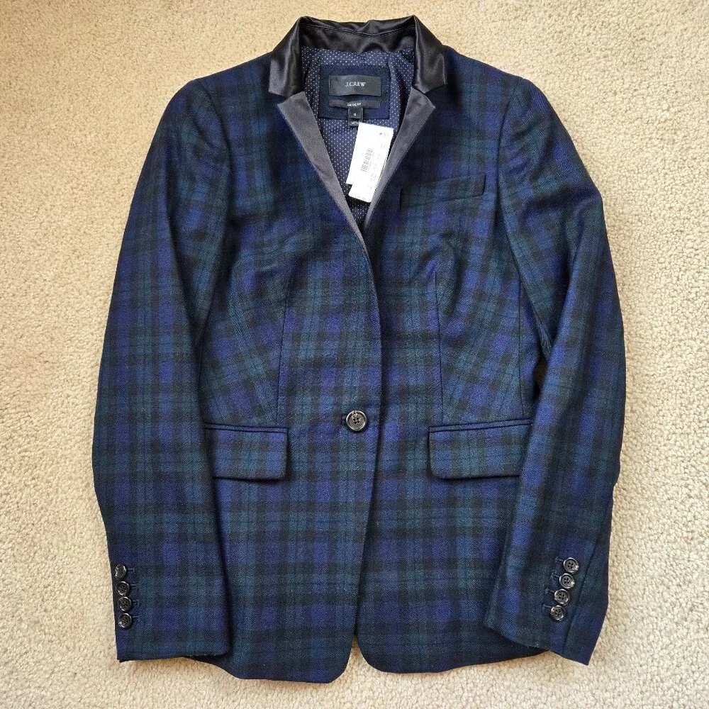 NWT J. Crew Regent Blazer 100% Wool Blackwatch Plaid with Satin Lapels size 0